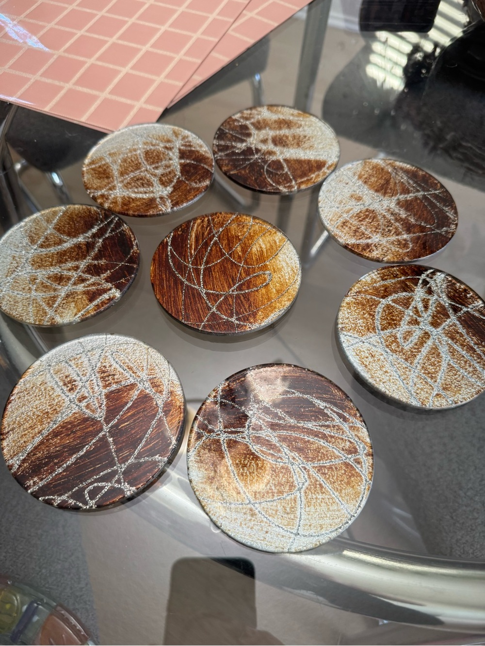 Set of 8 Decorative Round Glass Coasters in Brown and Silver Swirl